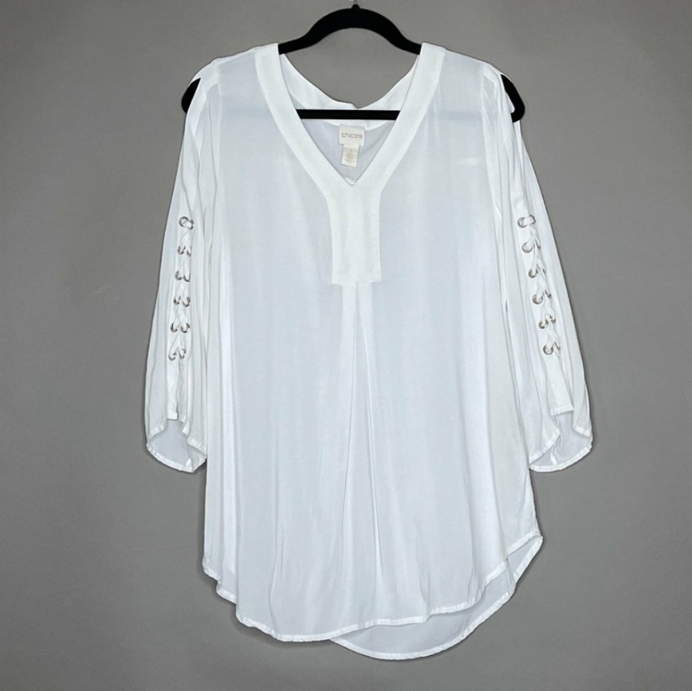Chico's White Sheer Tunic Exposed Shoulders Lace Up Sleeves Viscose